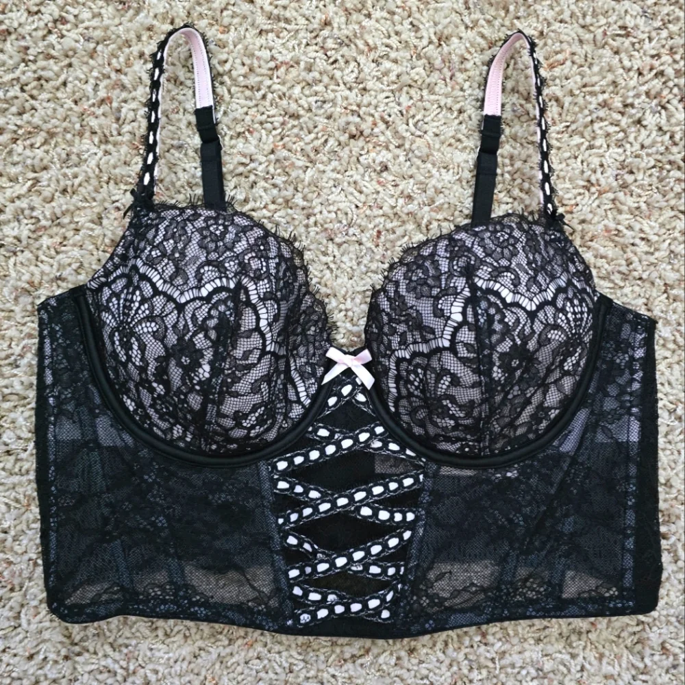Victoria's Secret Dream Angels Black Lace Longline Bra Bustier Black Pink - XL - Picture 1 of 6